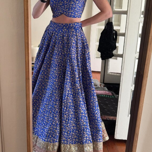 Royal blue embroidered silk lehenga skirt and matching blouse Indian wedding